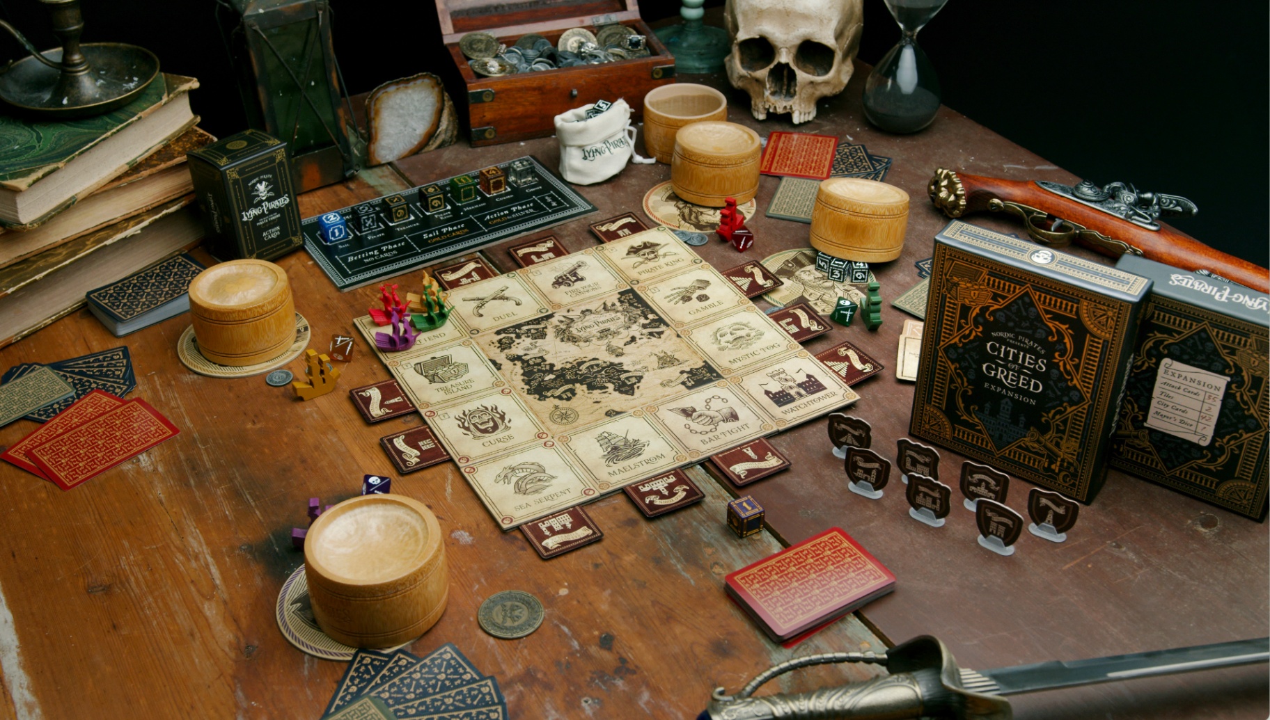 Lying Pirates game setup showing premium components